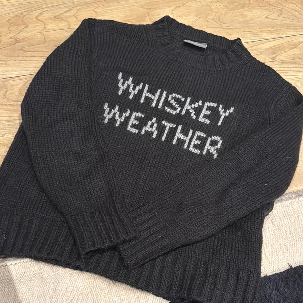 Black Sweater with 'Whiskey Weather' Text